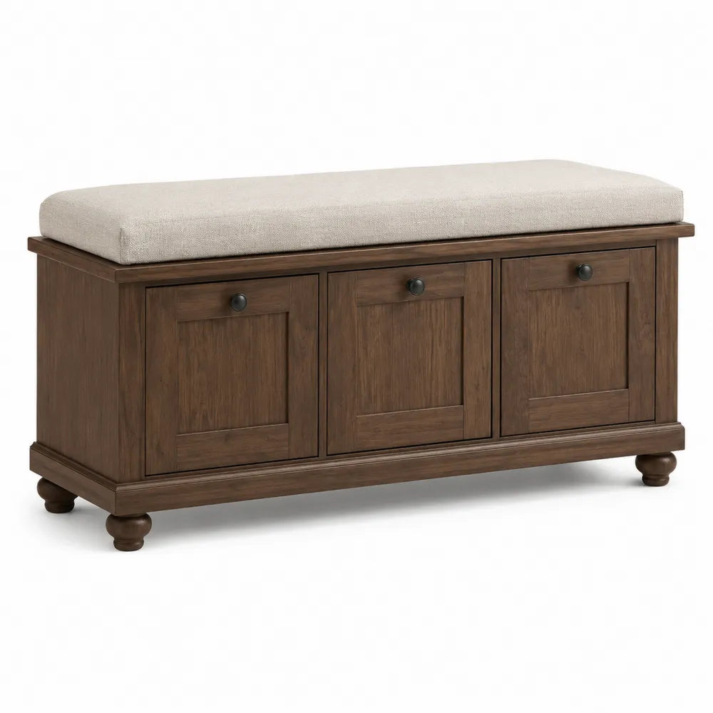 Wooden Storage Bench with Cushioned Seat, Oak Finish, Beige, 120cm