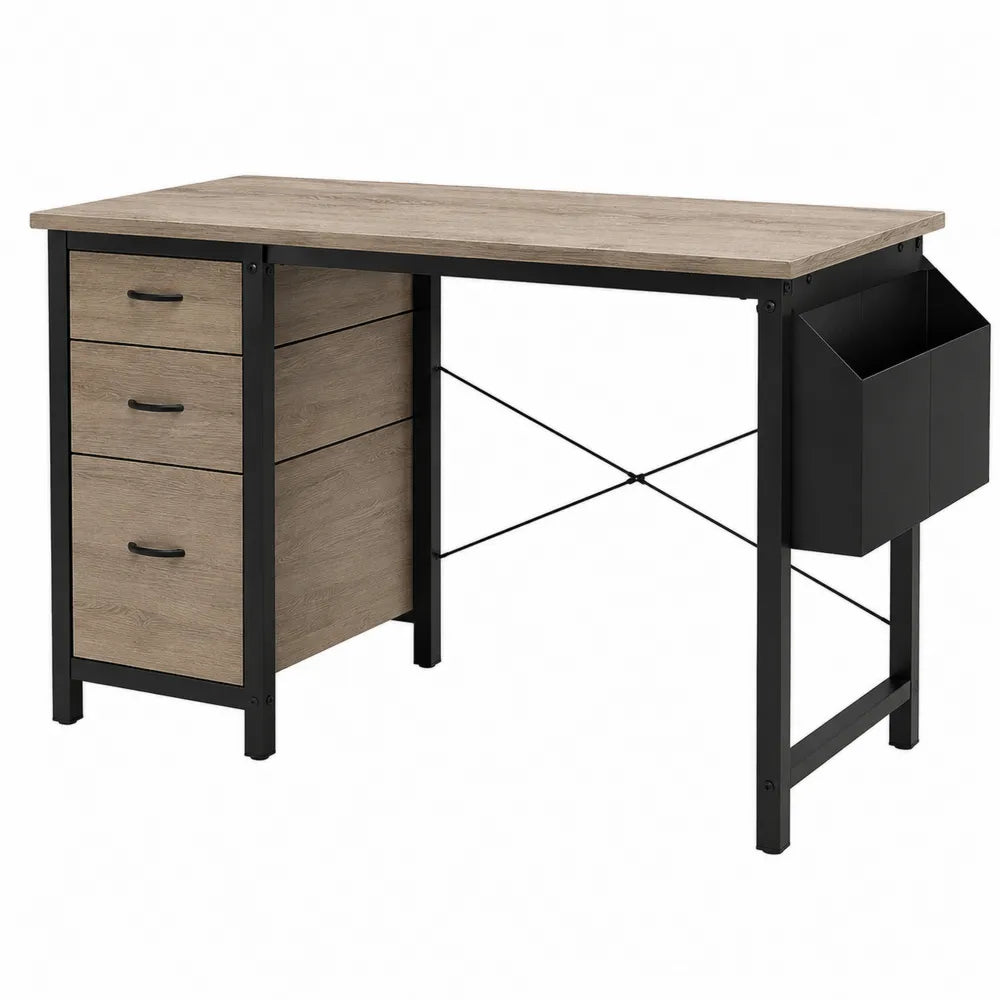 Rectangular Particle Board Desk with Metal Frame and Drawers