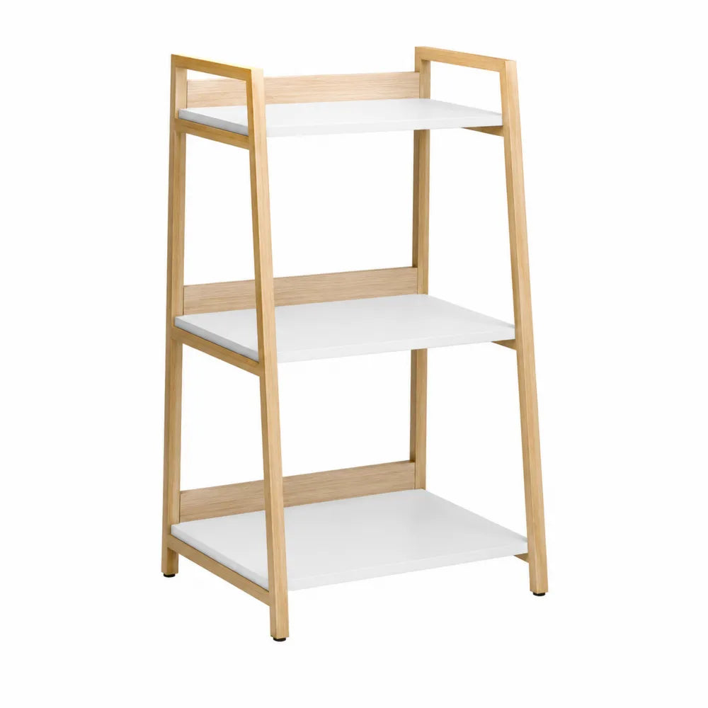 3-Tier MDF and Solid Wood Bookshelf with White Shelves and Natural Frame