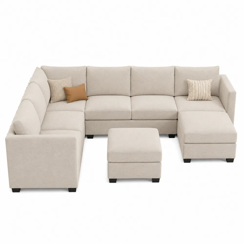 Beige Fabric U-Shaped Sectional Sofa with Ottoman and Decorative Pillows
