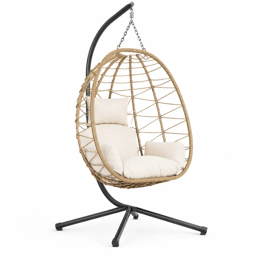 Outdoor Hanging Egg Chair with Steel Frame and Beige Cushions