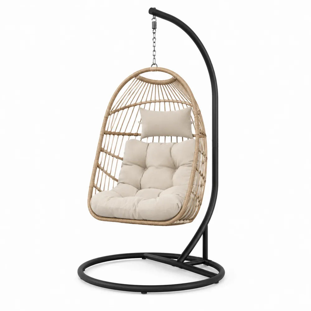 Rattan Hanging Egg Chair with Stand and Beige Cushions