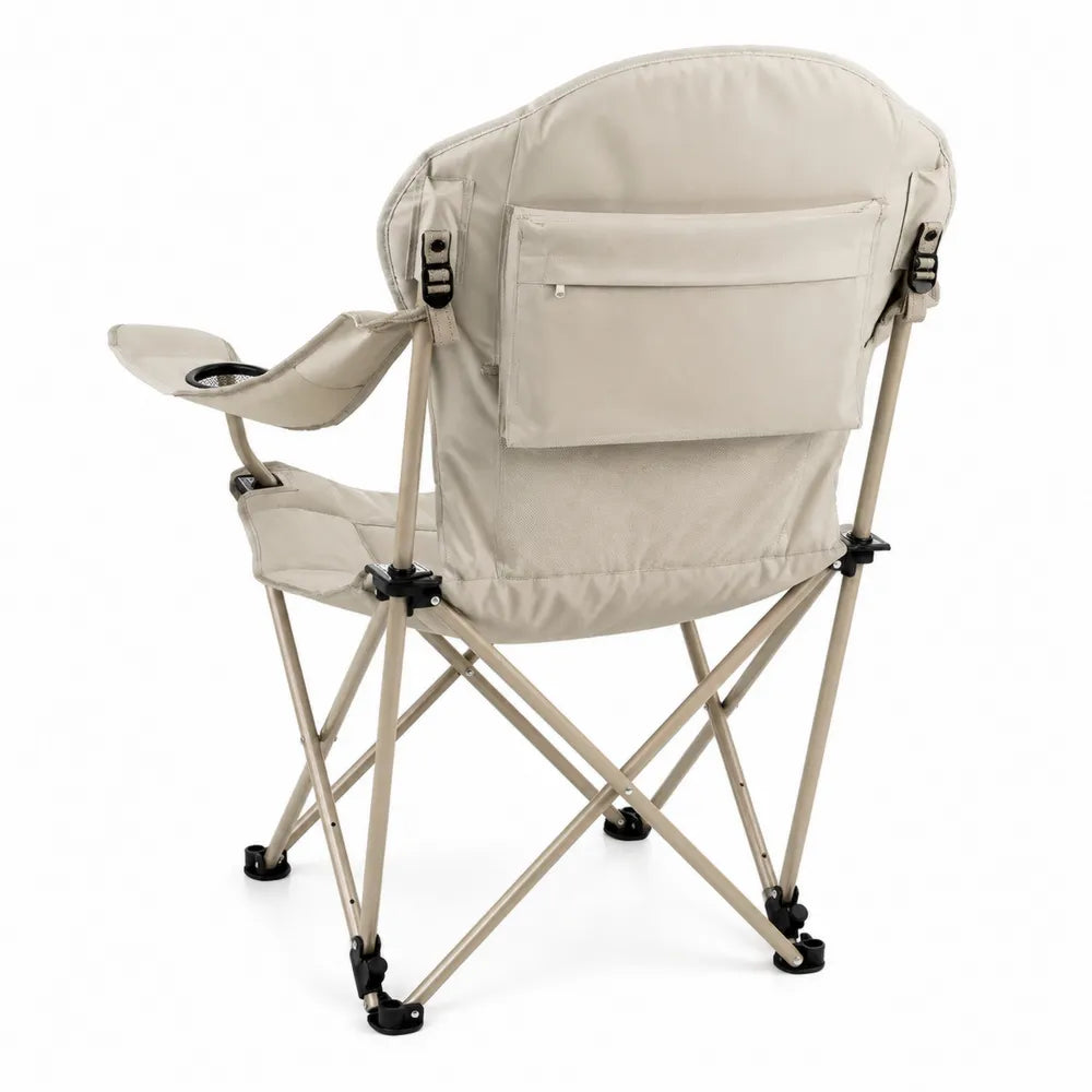 Beige Polyester Folding Outdoor Chair with Cup Holder and Storage Pocket