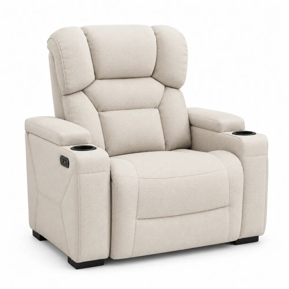 Light Beige Upholstered Fabric Recliner Chair with Cup Holders