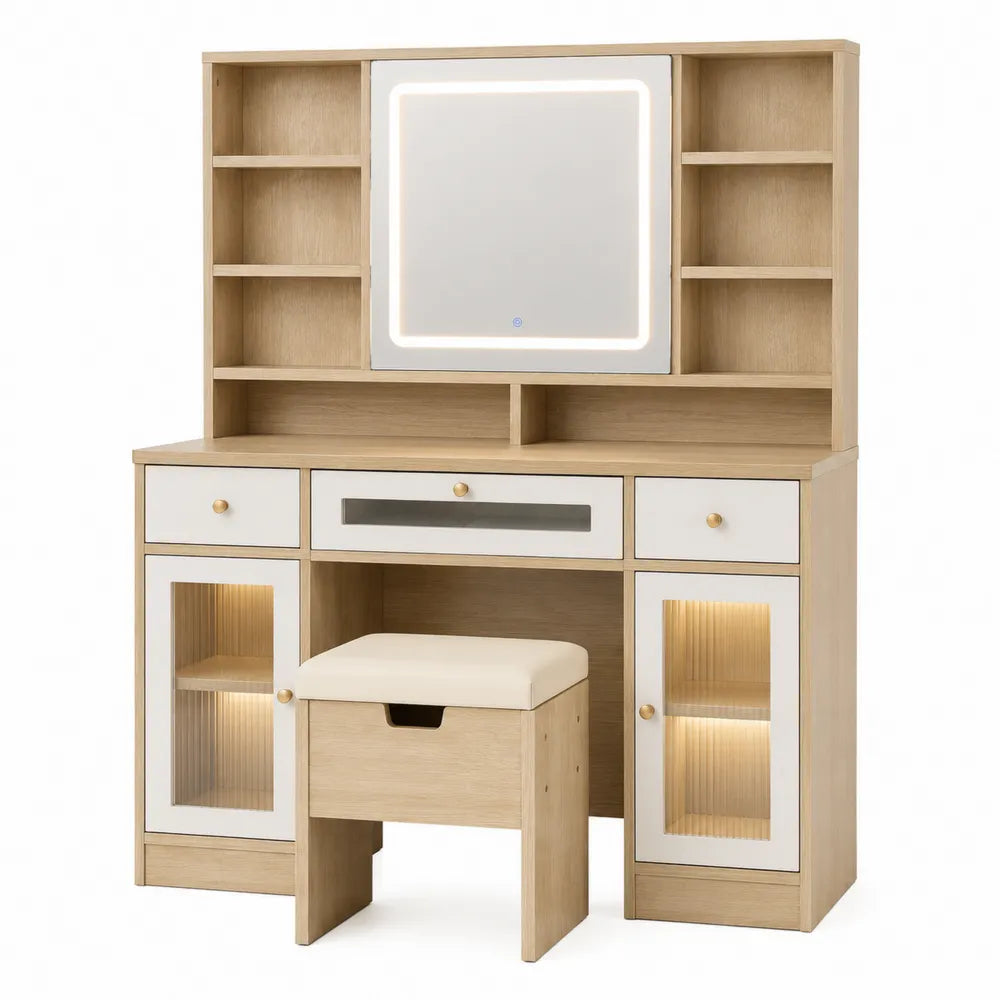 Oak Wood Vanity Set with LED Mirror and Beige Fabric Stool
