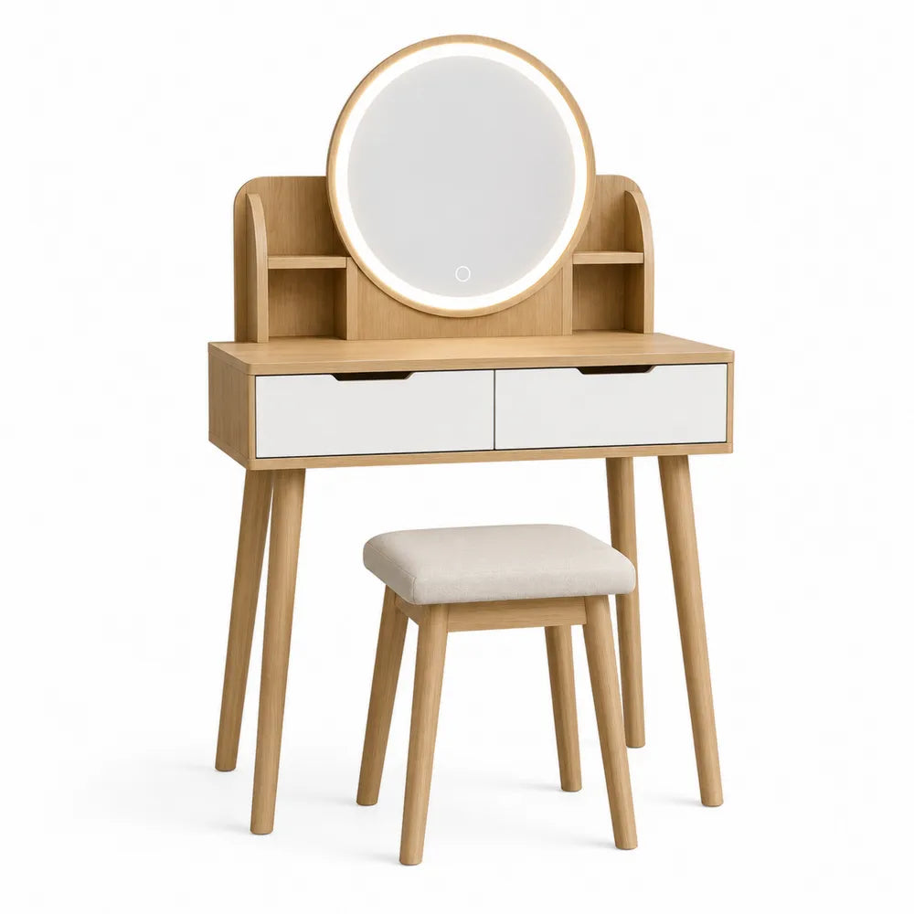 Oak Wood Vanity Table Set with LED Mirror and Beige Fabric Stool