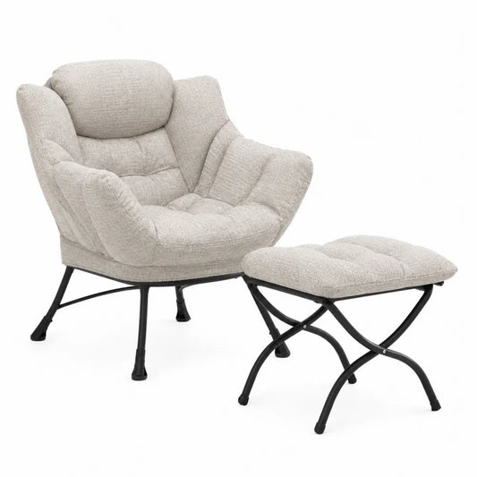 Lounge Chair Set with Ottoman Tufted Fabric Steel Frame Beige