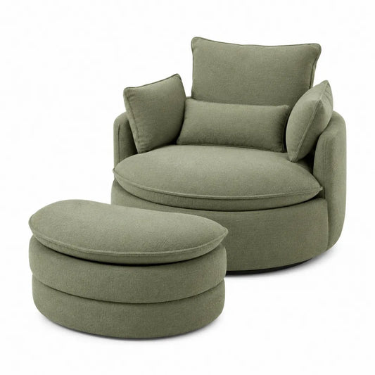 Round Fabric Armchair and Ottoman Set Green Linen Blend