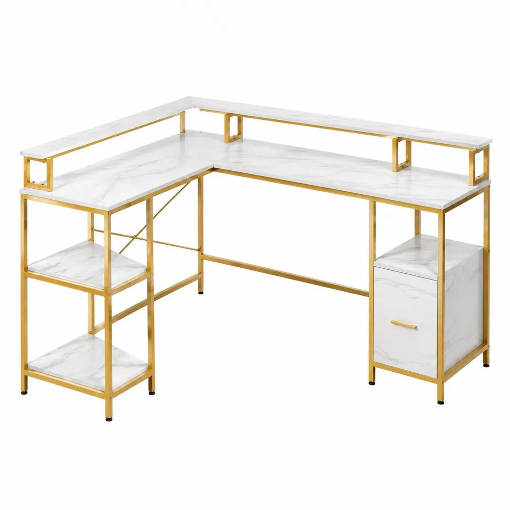 L-Shaped Desk with Faux Marble Top and Gold Metal Frame