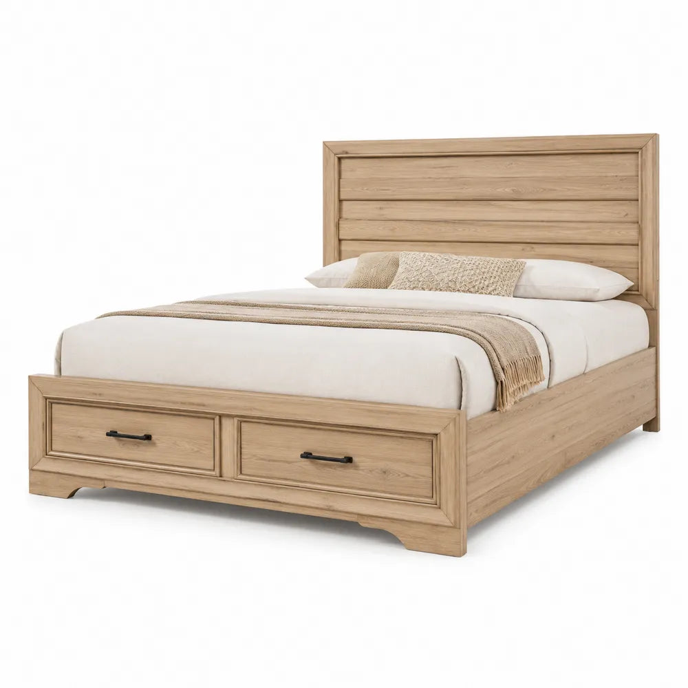 Pine Wood Queen Platform Storage Bed with Drawers Light Brown