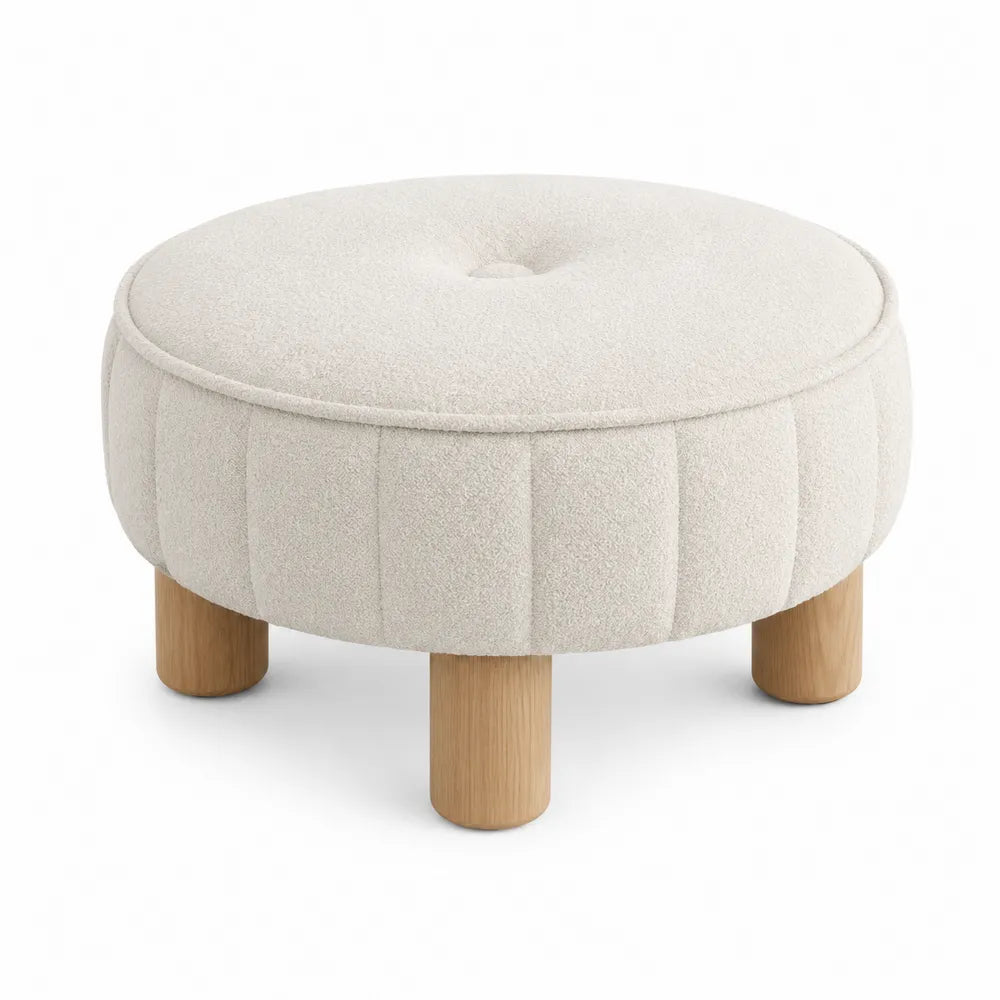 Round Bouclé Ottoman with Wood Legs 19.7in