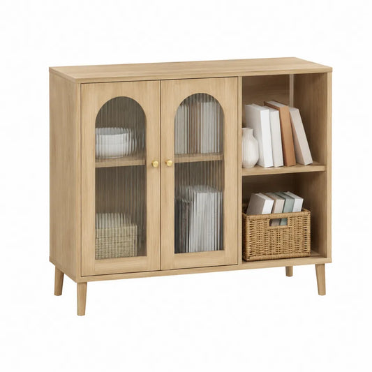 Wooden Sideboard with Tempered Glass Doors and Shelves Light Oak 120x40x80cm