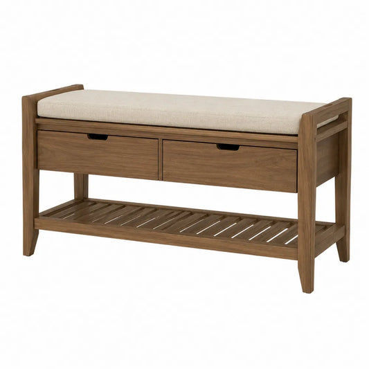 Wood Storage Bench with Cushion and Drawers Brown 102cm