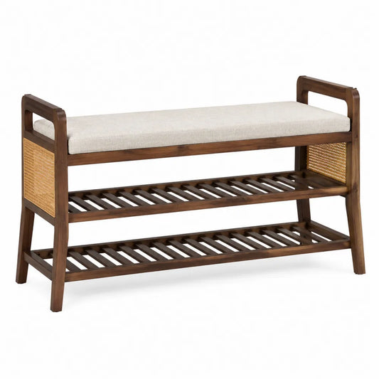 Wood and Rattan Bench with Cushion and Storage Shelves 120cm Brown
