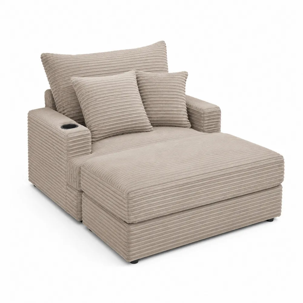 Beige Corduroy Chaise Lounge Sofa with Cup Holder and Cushions