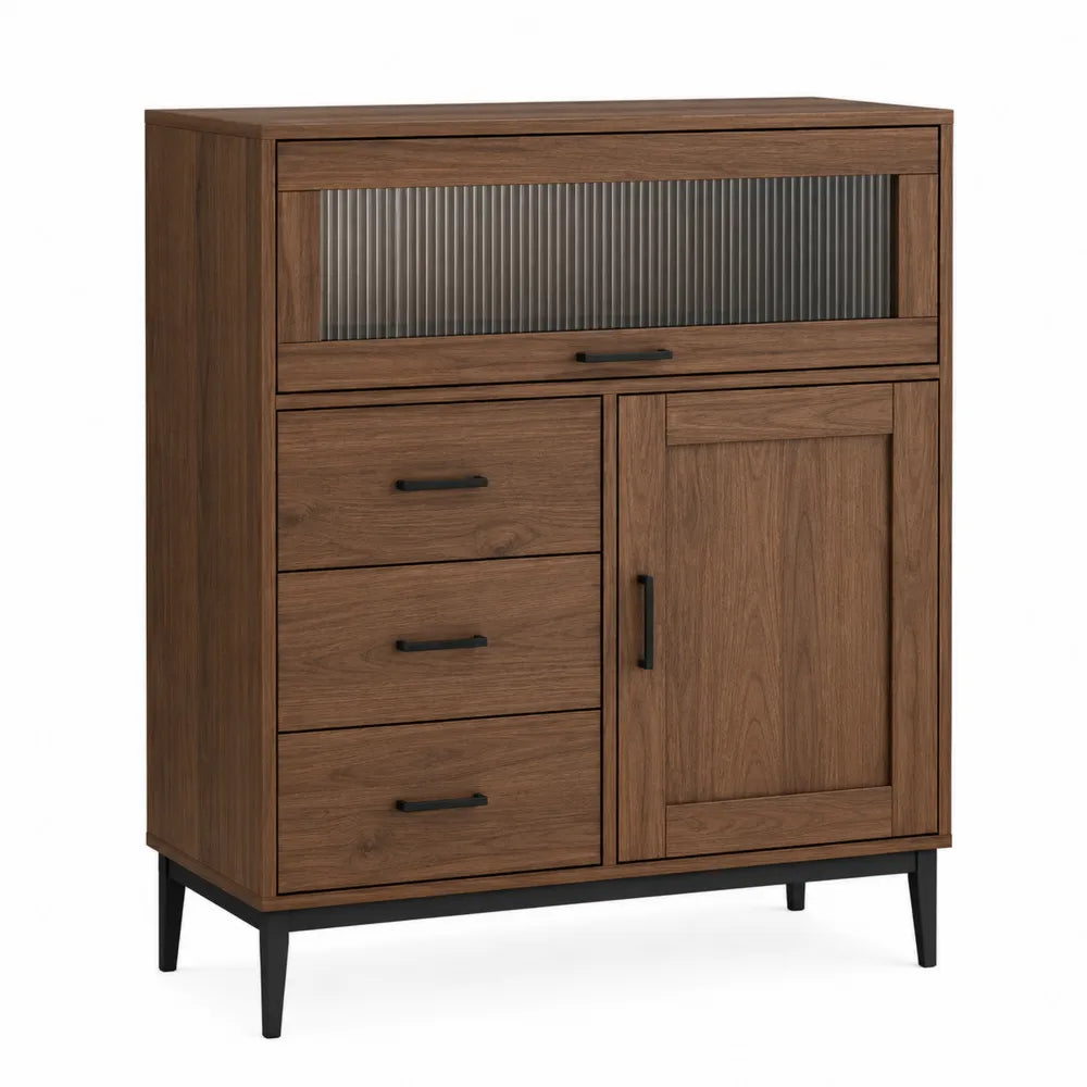 Walnut Wood Dresser with Tempered Glass and Metal Handles