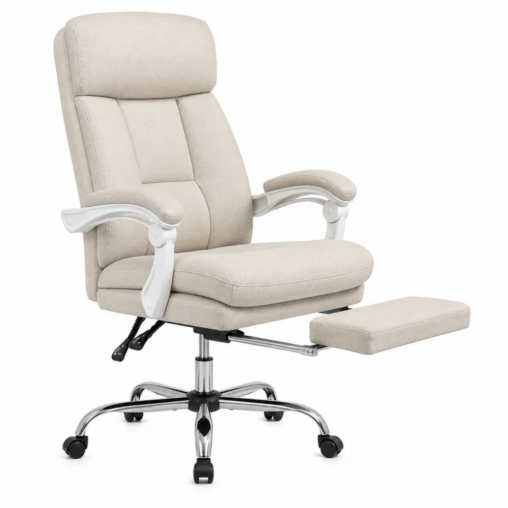 Linen High-Back Office Chair with Adjustable Footrest Beige