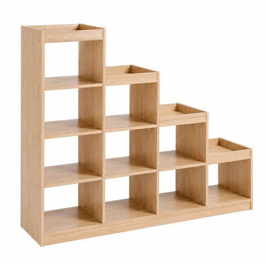 Wooden Step Bookcase 6 Tier Natural Oak 160cm x 120cm x 29cm