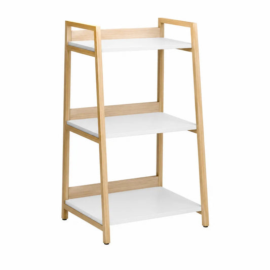 3-Tier MDF and Solid Wood Bookshelf with White Shelves and Natural Frame