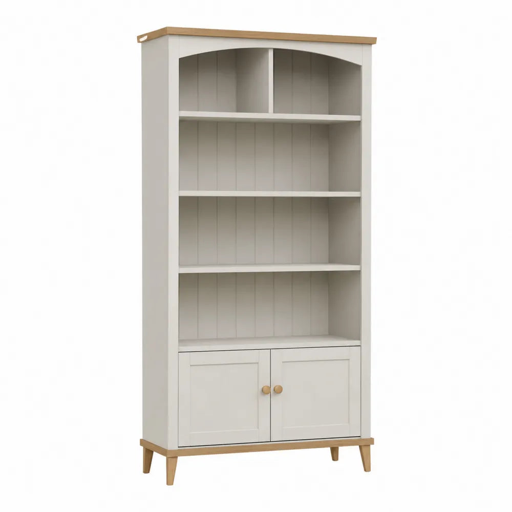 White MDF and Oak Veneer Bookcase with Shelves and Doors