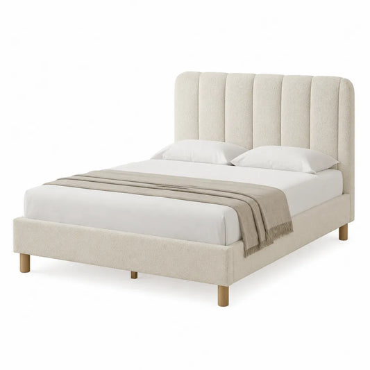 King Size Upholstered Bed with Vertical Channel Headboard Polyester Beige 220x190 cm