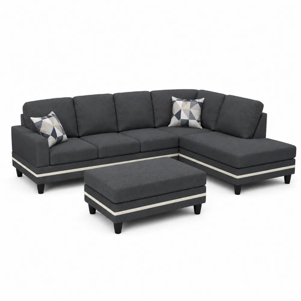 L-Shaped Fabric Sectional Sofa Set with Ottoman Dark Gray