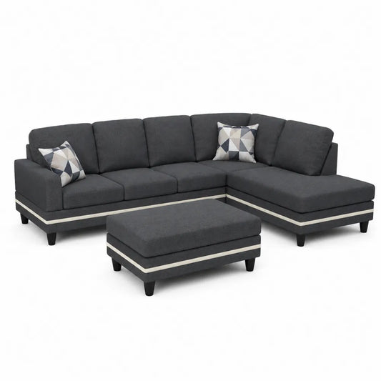 L-Shaped Fabric Sectional Sofa Set with Ottoman Dark Gray