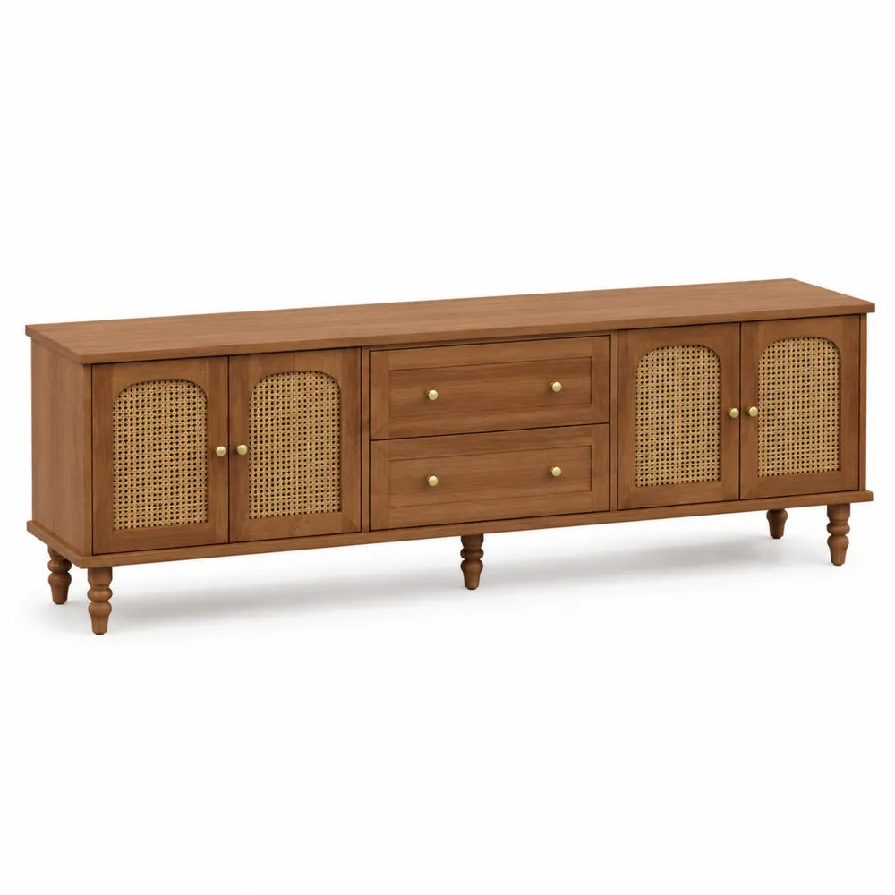Wood TV Stand with Rattan Doors and Drawers 180cm