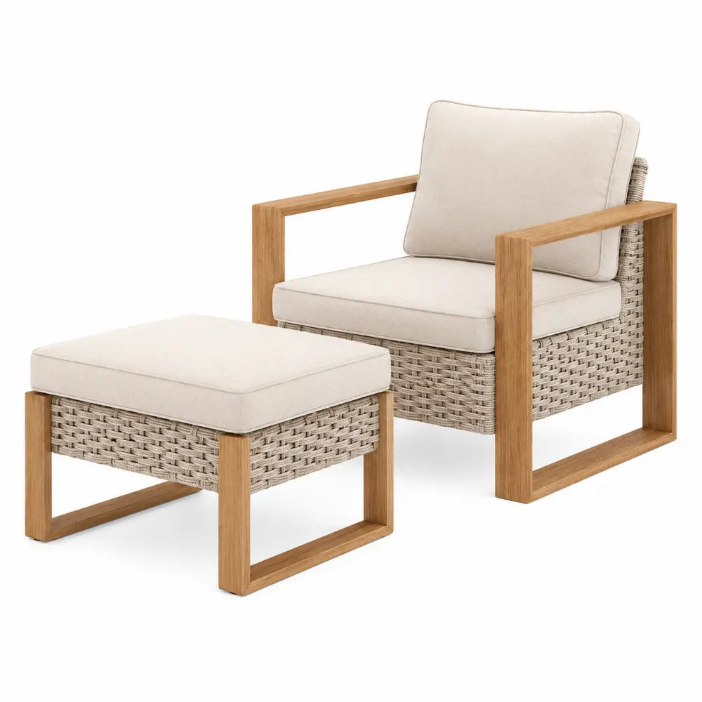 Outdoor Rattan Chair and Ottoman with Solid Wood Frame and Beige Cushions