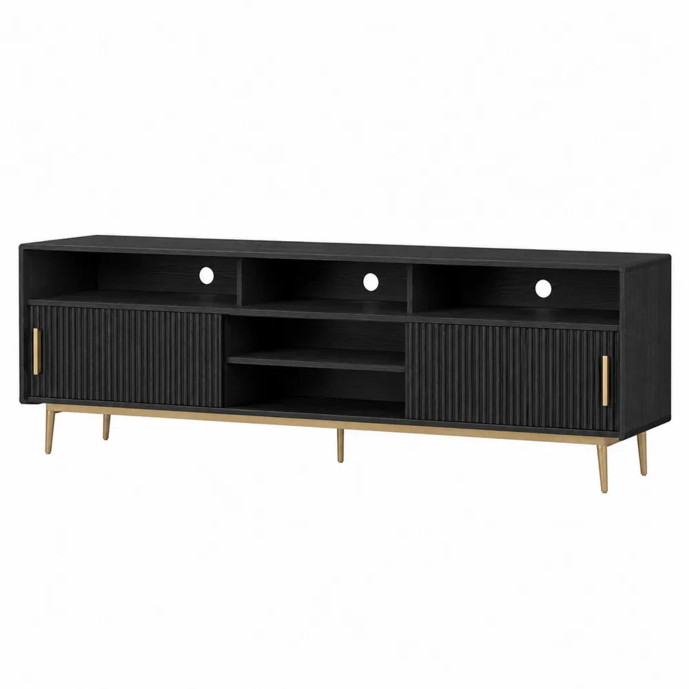 Black Wood TV Stand with Storage and Metal Legs 180cm