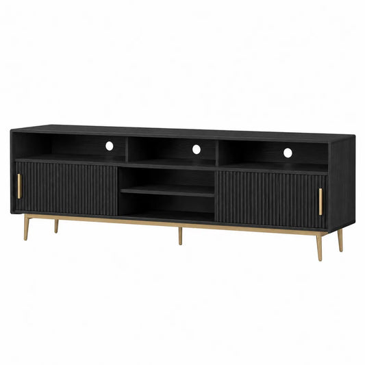 Black Wood TV Stand with Storage and Metal Legs 180cm