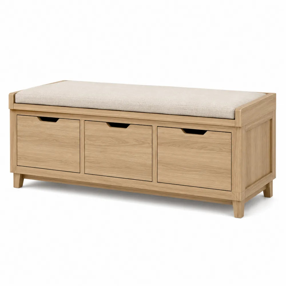 Wood Storage Bench with Polyester Cushioned Seat Oak Beige 120cm
