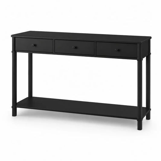 Black Wood Console Table with Three Drawers and Shelf 122 cm