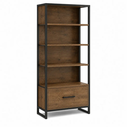 Wood and Metal Industrial Bookshelf with Drawer Brown 180cm