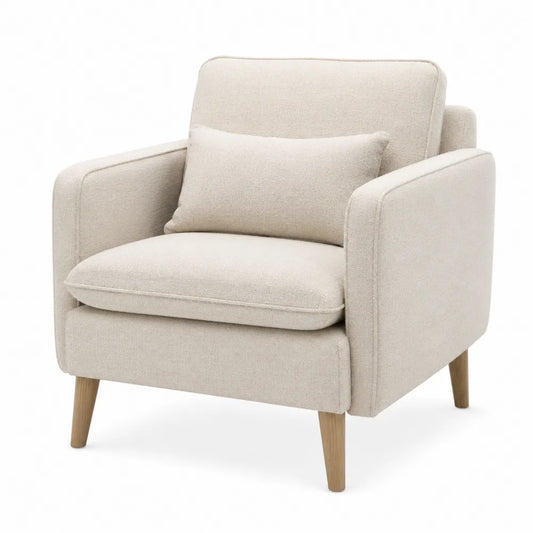 Ivory Fabric Armchair with Cushion and Wood Legs