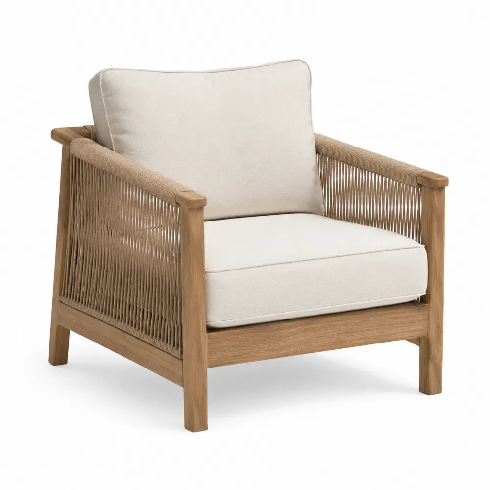 Teak Wood Outdoor Armchair with Beige Cushions