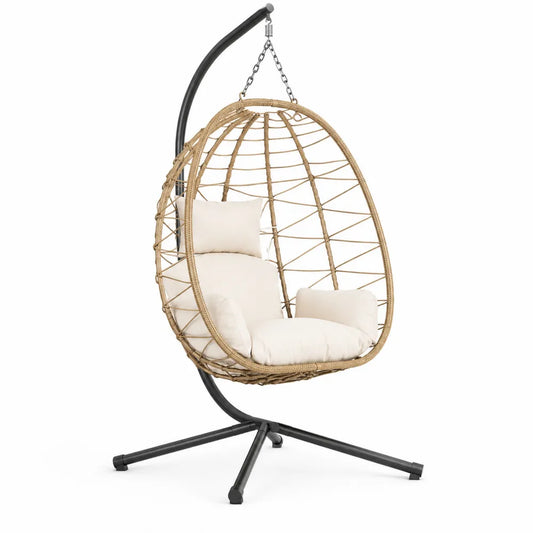 Outdoor Hanging Egg Chair with Steel Frame and Beige Cushions