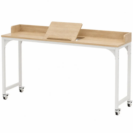 Rectangular Engineered Wood and Steel Desk with Wheels in Oak and White