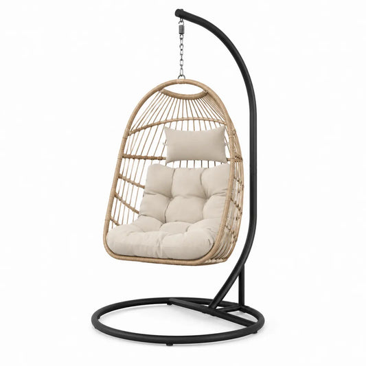 Rattan Hanging Egg Chair with Stand and Beige Cushions