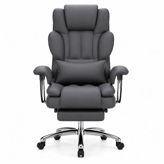 PU Leather Reclining Office Chair with Footrest and Armrests, Gray