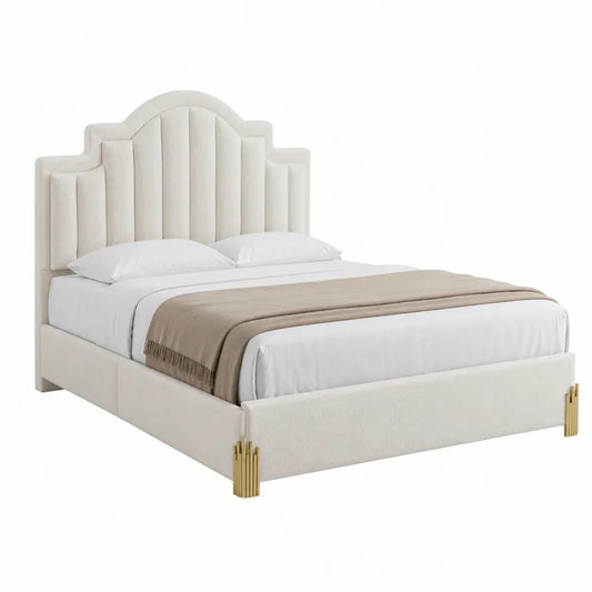 Queen Bed with Curved Headboard Polyester Fabric Beige 210cm x 160cm x 130cm