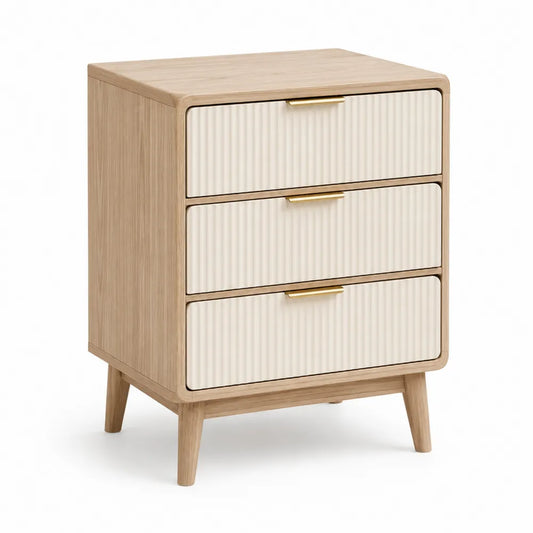 Three-Drawer Pine Wood Nightstand with Beige Grooved Drawers
