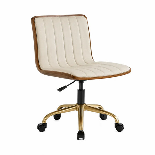 Office Chair Swivel Adjustable Faux Leather Seat Walnut Wood Gold Base